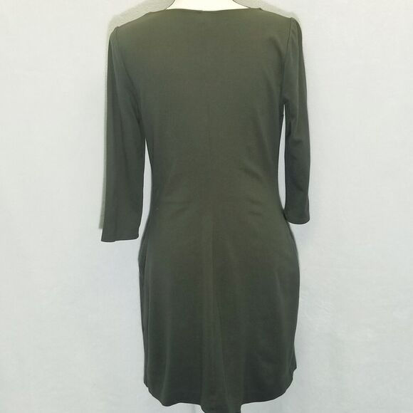 Express Medium Sheath Dress Double Zip Olive Green Ponte Knit 3/4 Sleeve Edgy - Picture 5 of 9